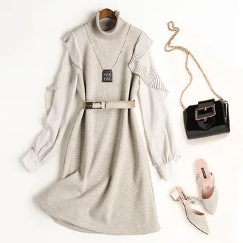 

Knitted Dress Women 2020 Spring New Turtleneck Fashion Ruffle Pleated Long sleeve Patchwork Dress With Belt