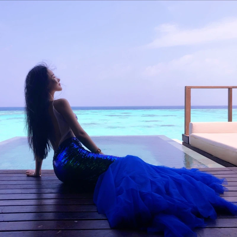 Размера плюс Весна и Лето блестки рыбий хвост Русалка пляж Maldives Праздничная юбка дизайн/сексуальные макси юбки для женщин