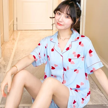 

Summer Comfortable Viscose Pijamas Women Sleepwear Set Lapel Collar 2020 Pyjamas Pink Heart Printed Women Home Suit Pajamas