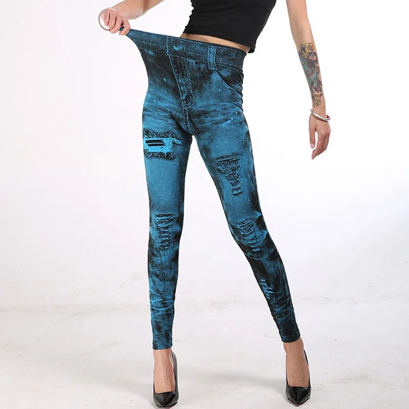 2020 Women Gym Leggings Faux Denim Jeans Leggings Pocket Printing Leggings Casual High Waist Pencil Pants Plus  Pants