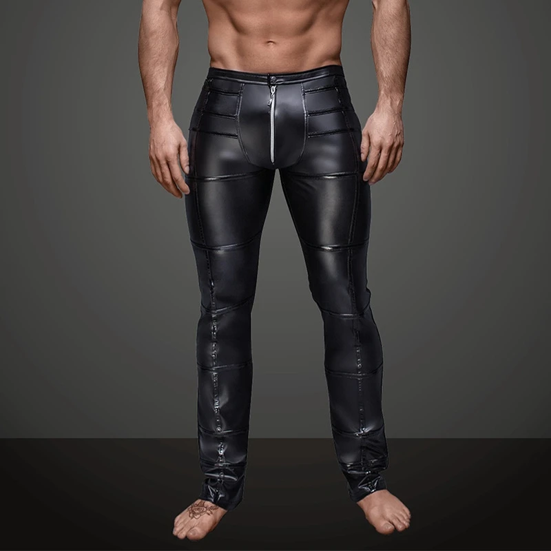 

Sexy Men Faux Leather Open Crotch Erotic Latex Pants PVC Nightclub Men zipper Pole Dance Trousers Gothic Punk Fetish Club Wear