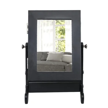 

Small Mirror Jewelry Cabinet Organizer Armoire Storage Box Countertop with Stand Black