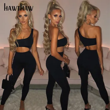 

HAWTHAW women sexy summer off the shoulder club party soild color fitness skinny workout sportswear one piece jumpsuit romper