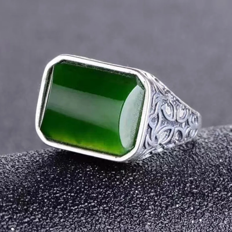 Per jewelry Men ring Natural real green jade rectangle rings Free shipping 10*14mm 10ct big