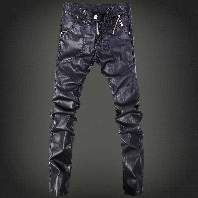 Брюки в стиле панк-рок, корейские черные облегающие брюки из искусственной кожи для мужчин размера плюс, обтягивающие узкие брюки с черепом, мужские джинсы в стиле хип-хоп Y