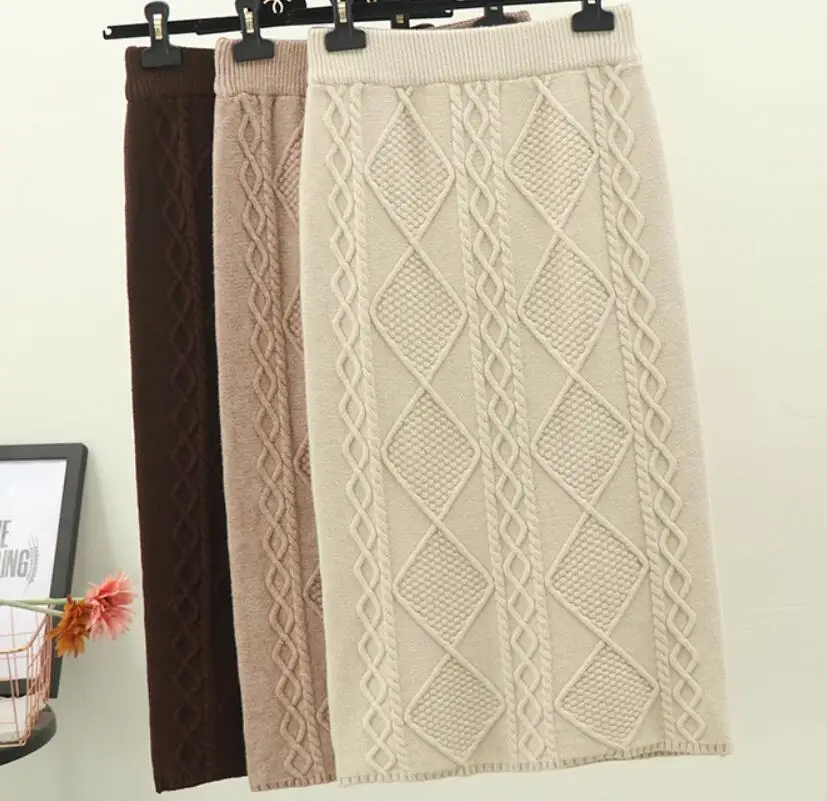 Осенне-зимняя Толстая трикотажная юбка для женщин с высокой талией, свитер, юбка