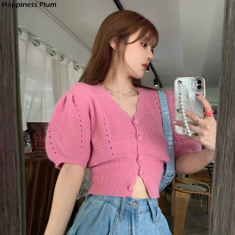 

Bubble Sleeve Sweater Women's Summer 2021 New Design V-neck Thin Cardigan Hot Girl Style Short Upper Garment