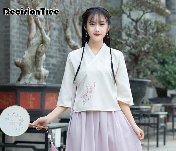 Хлопковый и льняной костюм tang с v-образным вырезом, топы в стиле ретро, Китайская национальная ветрозащитная одежда, газовая Лоскутная блуза с длинными рукавами - Цвет: color1