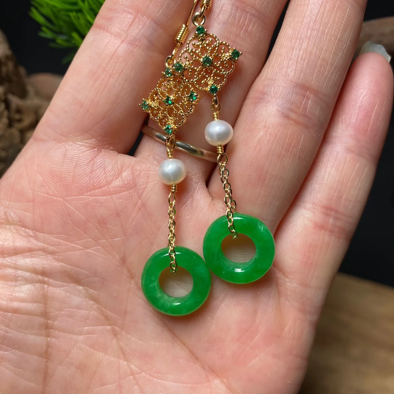 

Natural JADE Pearl 14K Gold Earrings Green Women 925 sterling silver earrings