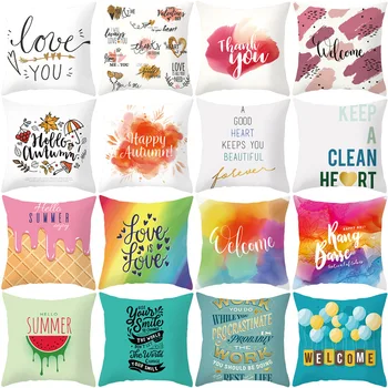 

Colorful Geometric Pillowcase Letter Printed Cushion Cover Polyester Decorative Sofa Modern Rainbow Color Home Decor Pillowcover