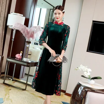

Chinese luxury wedding velvet mother lady qipao dress Cheongsam