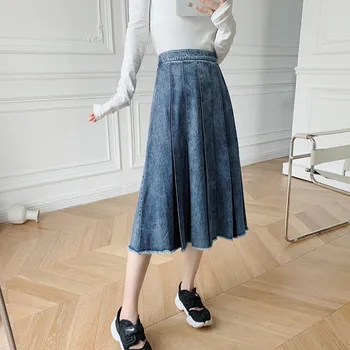 

Women Denim Pleated Midi Skirt 2020 New Early Autumn Fashion Lady Wild Stylish Casual a-line Long Skirts Female Clothes