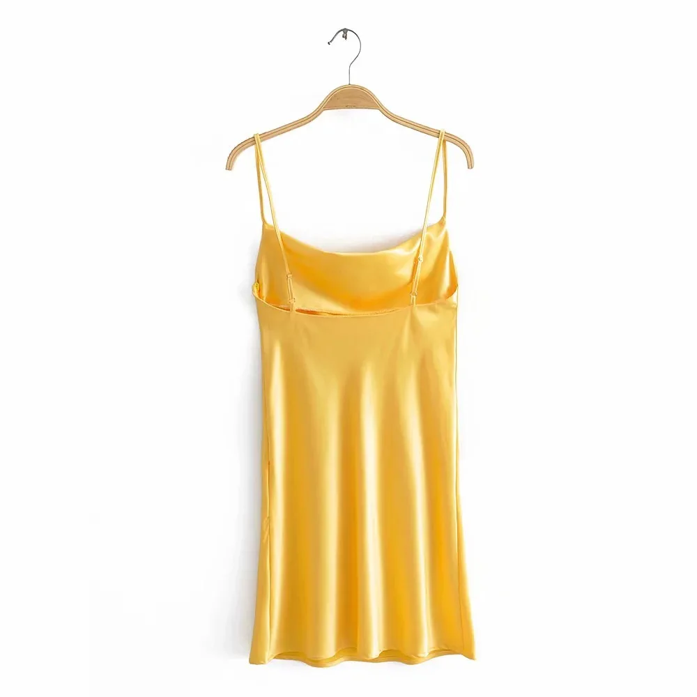 2020 Sexy Slash Collar Backless Bright Satin Sling Dress Woman Vintage Spaghetti Strap A line Like Silk Short Base Dress Sling