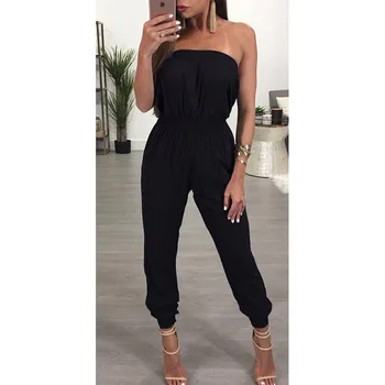 

Sexy Women Ladies High Waist Empire Solid Black Regular Slim Causal Romper Jumpsuit Sleeveless Strapless Off Shoulder Playsuit