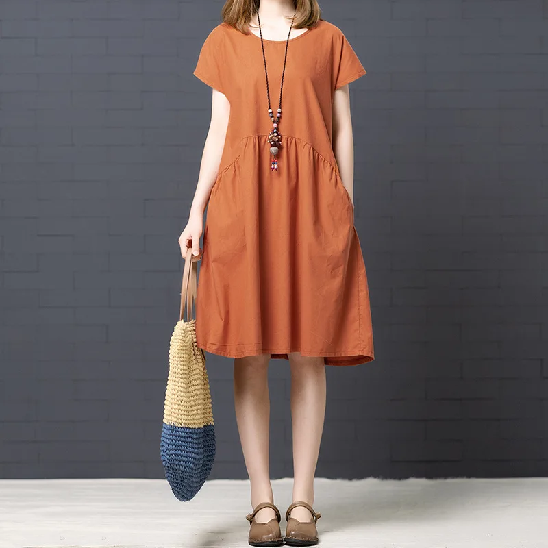 

New Style Retro Literature And Art Cotton Linen Dress Korean-style Loose And Plus-sized WOMEN'S Dress-Style Solid Color Versatil