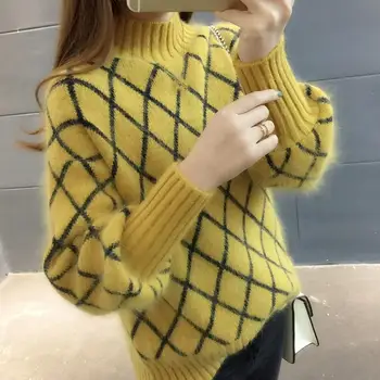 

Women Vintage Turtleneck Plaid Knitted Pullover Ladies Thick Fluffy Sweater Female Fall Lantern Sleeve Sweater Jumper