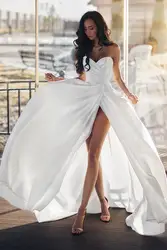 Vestido de novia 2019 Милая невесты платье с большим разрезом атласный, по заказу простой Пляжные свадебные платья в богемном стиле