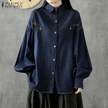 

Spring Denim Blue Shirts ZANZEA Casual Lapel Long Sleeve Blouse Women Vintage Solid Embroidered Tunic Tops Female Blusas Chemise