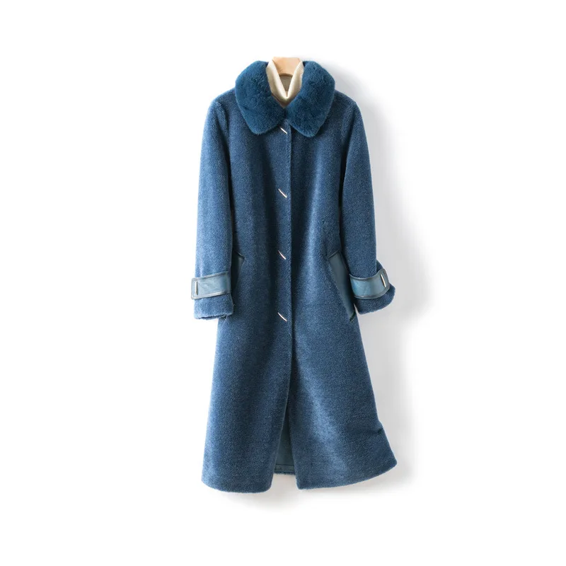 Blue Женское зимнее пальто, новинка, классическое шерстяное пальто, норка, меховой воротник, шерсть, Овечья овчина, корейское пальто, длинное пальто для женщин, большие размеры, мода - Цвет: Blue
