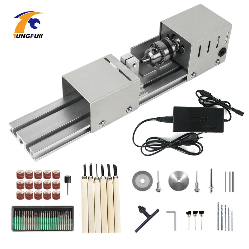 DC12-24V Mini Lathe Machine Tools Beads Machine Woodworking DIY Miniature Lathe with Power Carving Cutter Wood Lathe