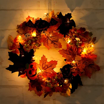 

Halloween Trick Or Treat Wreath Autumn Maple Leaf Berry Pumpkin Front Door Wreath Scary Led Wreath Lights Home Decor Dropshippin