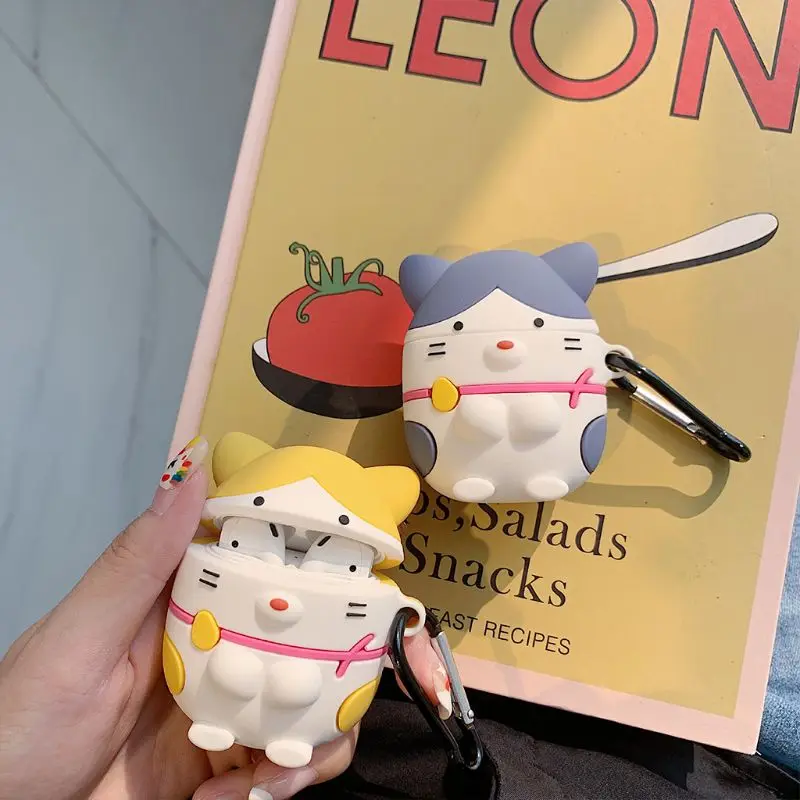 

Silicone Protective Case Lovely Cat Cover Shell with Carabiner for Airpods 1/2
