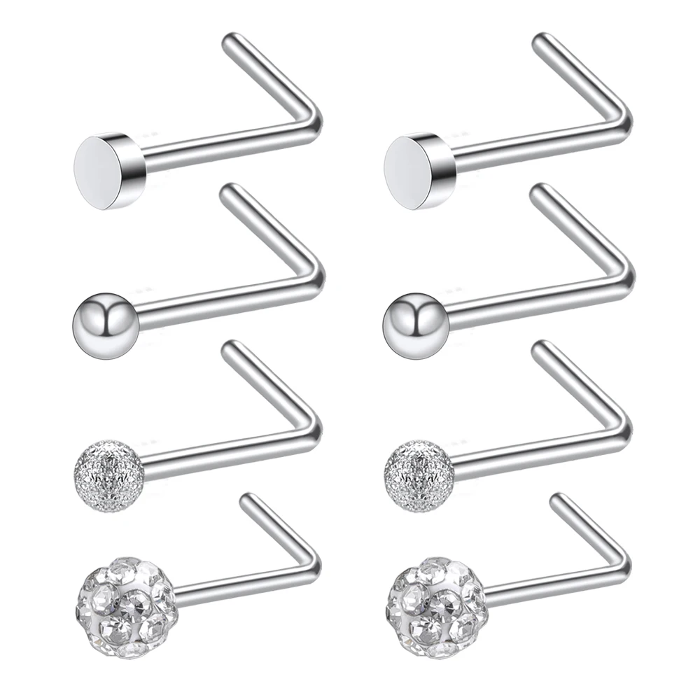 ZS 8pcs Stainless Steel Nose Piercing Stud Set 18G L Shape Nose Piercing Rings And Studs Body Piercing Jewelry For Nose Piercing