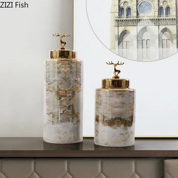 

Nordic Marble Texture Storage Jar Home Desktop Decor Ornaments Ceramics Candy Jar Golden Deer Cover Storage Box Home Decoration