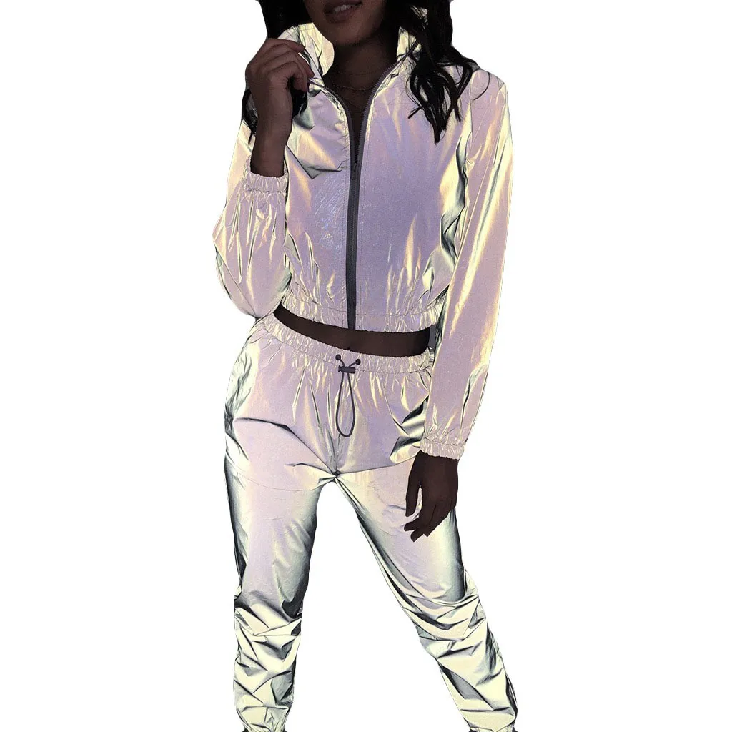 JAYCOSIN спортивные костюмы для женщин комплект из 2 предметов Светоотражающая Повседневная Светоотражающая куртка ветровка с длинным рукавом укороченный топ+ брюки комплект из двух предметов - Цвет: Серый