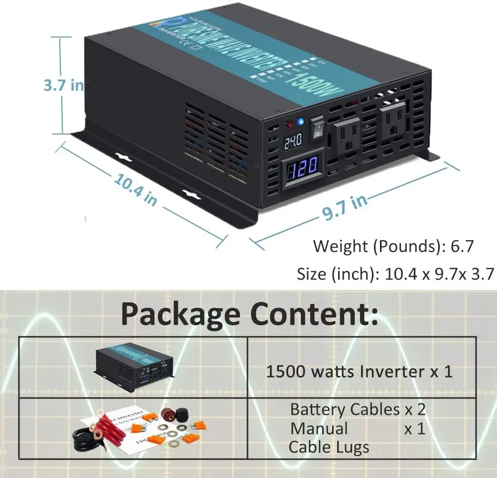 Description Picture 5 of item1500W Off Grid Pure Sine Wave Inverter Power 24V to 220V Solar Inverter Battery Transformers 12V/36V/48V DC to 120V/230V/240V AC