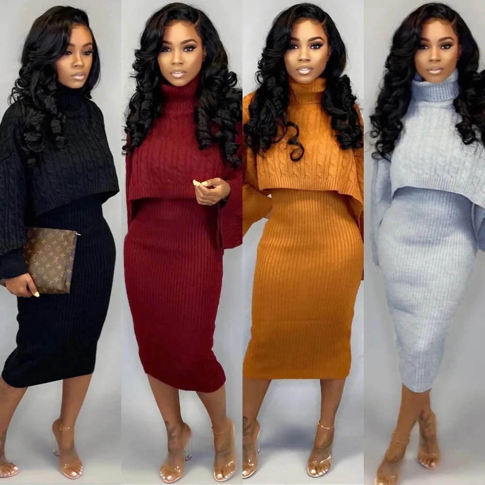 HAOYUAN Two Piece Set Women Plus Size Fall Winter Clothing Knit Turtleneck Sweater Top and Dress 2 Piece Outfits Matching Sets