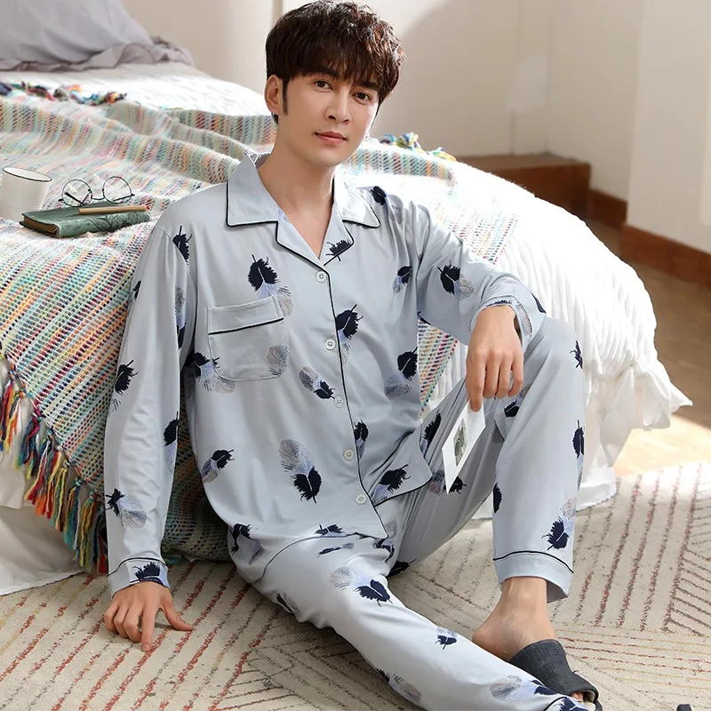 

Spring And Autumn New Style Long Sleeve Pajamas Autumn Korean-style Cardigan Men Youth Plus-sized Homewear Set