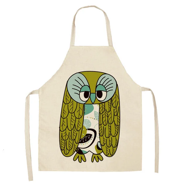 1Pcs Cartoon Owl Printed Kitchen Apron for Woman Sleeveless Cotton Linen Aprons For Cooking Home Cleaning Tools WQCN38