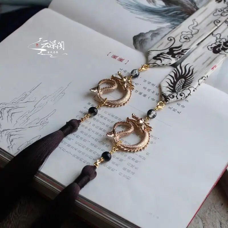 Headband Бледные чернила Diablo властный kirin напечатаны, чтобы положить на лоб panlong кисточкой мужчин лоб hanfu повязка для волос с кисточками - Цвет: Headband