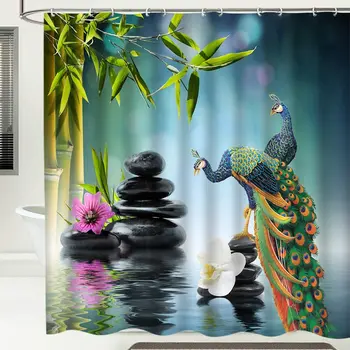 

Animal Shower Curtain Zen Stone Green Bamboo Flowers Peacock Shower Curtain Home Decor Fabric Bathroom Curtain