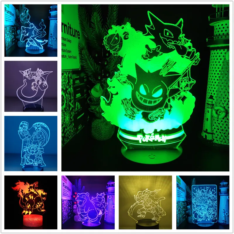 Pokemon Pikachu Night Light LED 3D Lampara Eevee Gengar Mewtwo Charizard  Marowak Slowbro Pocket Monster Lamp Neon Decor Lights
