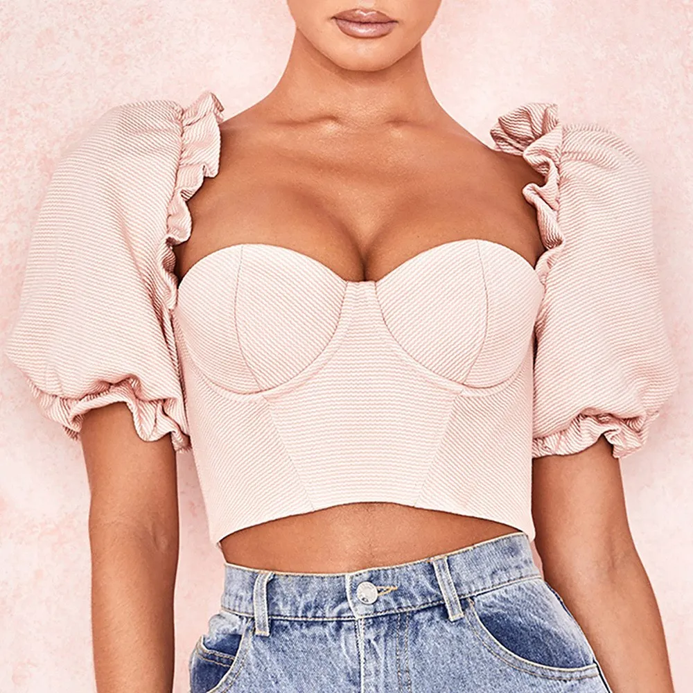 

2019 Lady Summer Puff Sleeve Ruched Ruffles Square Collar Crop Tops Women Navel Bare Bust Push Up sexy Pink Tee