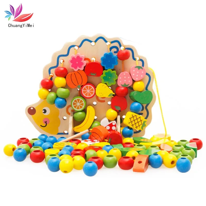 

82PCS Wooden Fruits Vegetables Lacing Stringing Beads Toys with Hedgehog Board Montessori Educational Toy for Kids Children Gift