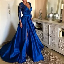 

2022 Royal Blue Plus Size Prom Dress Sexy V Neck Lace Long Sleeve Split Formal Party Gowns Arabic Dubai Robe De Soiree