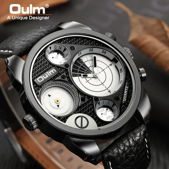 

2020 Oulm Men Leather Strap Quartz Wristwatches 2 Time Zone Big Dial Men Sports Watches montre homme mannen horloge Herrenuhr