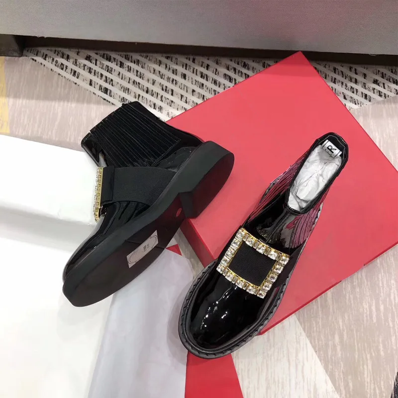 

Autumn and Winter New Water Drill Square Button Chelsea Boots, Lacquer Leather Single Boots, Flat Bottom and True Leather Shoes