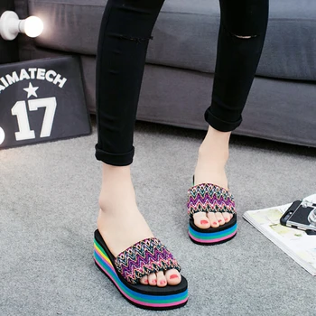 

Women Slippers Sandals Summer Beach Sandals Female Ladies Home Slipper High Wedge Heels Fashion Leopard Striped Sandals