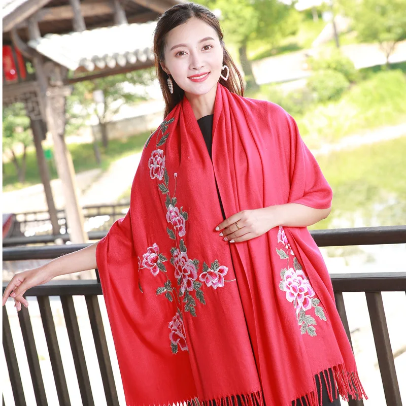 

New Style Embroidery Ethnic-Style Peony Faux Cashmere Scarf Shawl Women's Embroidery Tassels Scarf Oversized Warming Scarf