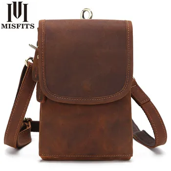 

MISFITS Men's Genuine Leather Retro Sling Chest Bag Solid Color Phone and Credit Cards Many Compartments Belt Buckle Back Pack