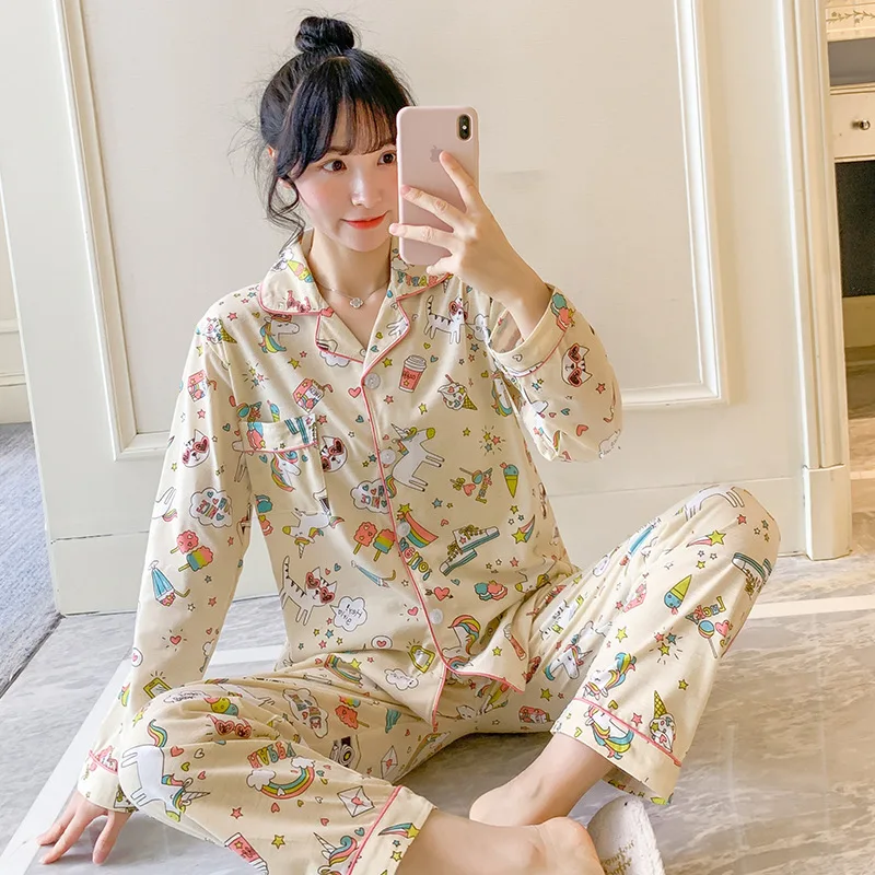 

[Temperature Attitude Warm] Korean-style Spring Women's Cotton Fold-down Collar Printed Long Sleeve Trousers Loose Tracksuit Two
