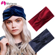 Molans, Зимняя женская бархатная повязка на голову с перекрестным верхом и узлом, эластичные резинки для волос, мягкие однотонные аксессуары для волос для девочек, скрученная завязанная повязка на голову