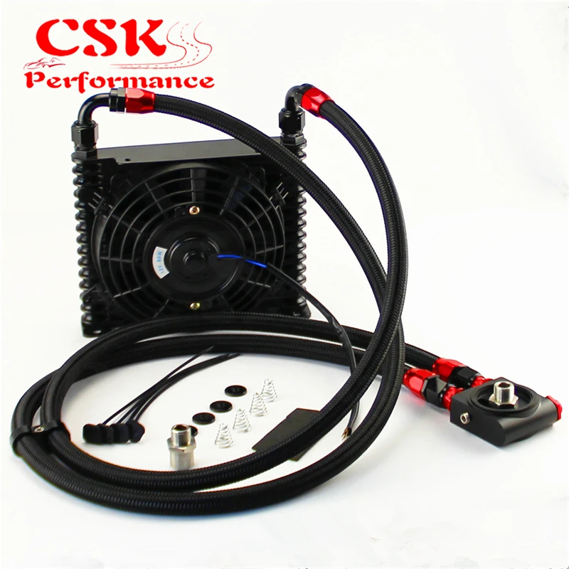 10AN 32MM 15 Rows Universal Engine Oil Cooler+73 degree Thermostat Sandwich Plate kit +7" Electric Fan Black |