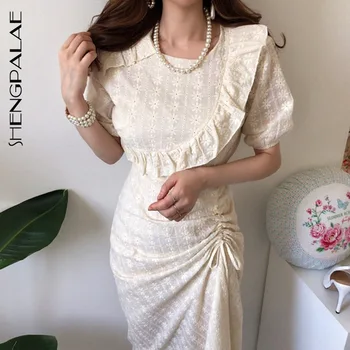 

SHENGPALAE 2020 New Fashion Summer Women Vintage Loose High Waist Slim Was Thin Elegant Stitching O-Neck Maxi Dress ZA3530