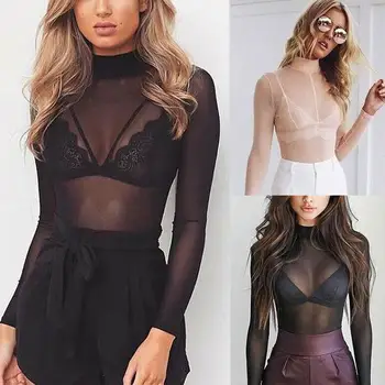

Women Mesh Blouse Neck Turtle Fish See Net Crop Top T-Shirt Sheer Long Sleeve