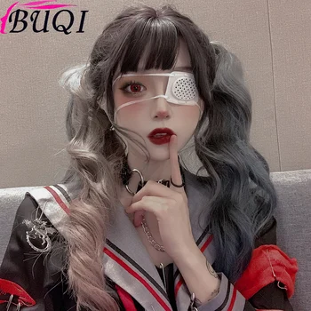 

BUQI Women Wigs Mixed Color Grey Black Brown Wigs With Bnags Curly And Wave Synthetic Long Heat Resistant Cosplay Party Lolita